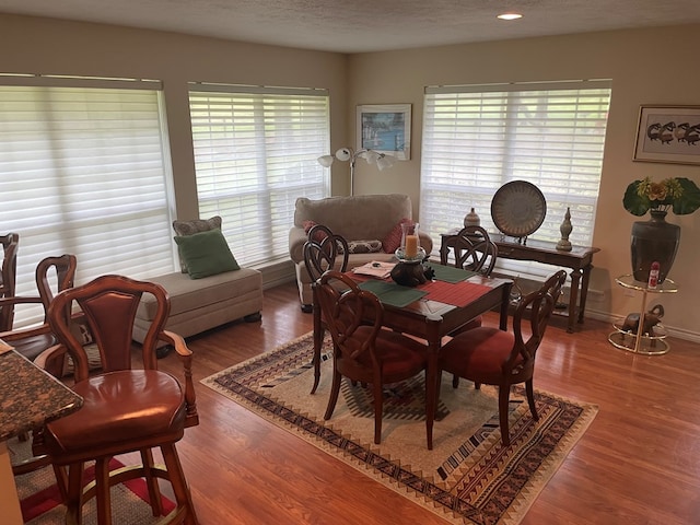 dining room with a textured ceiling and hardwood / wood-style flooring