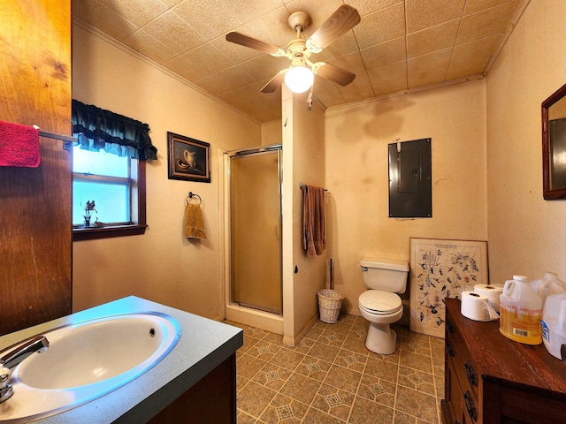 bathroom with walk in shower, electric panel, toilet, vanity, and ornamental molding