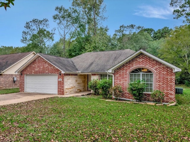 ranch-style house featuring central AC unit, a garage, and a front lawn