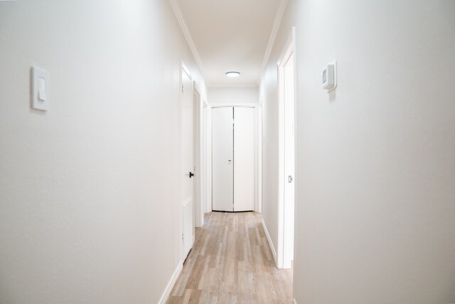 corridor featuring light hardwood / wood-style floors and crown molding