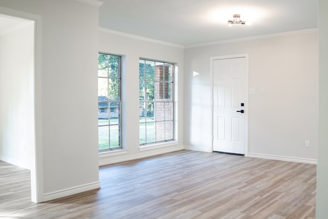 spare room featuring plenty of natural light, light wood-type flooring, and crown molding