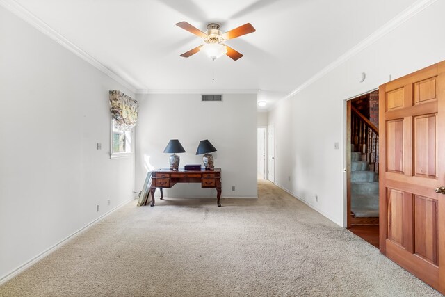 carpeted home office with ceiling fan and ornamental molding