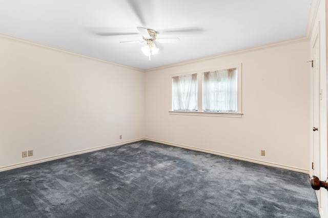 carpeted empty room with ceiling fan and ornamental molding