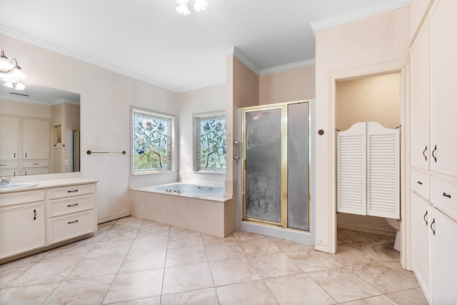 bathroom with tile patterned floors, vanity, crown molding, and independent shower and bath