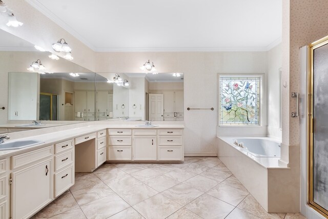 bathroom with vanity, separate shower and tub, and crown molding