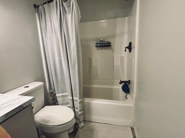 bathroom featuring toilet, shower / bath combination with curtain, and vanity