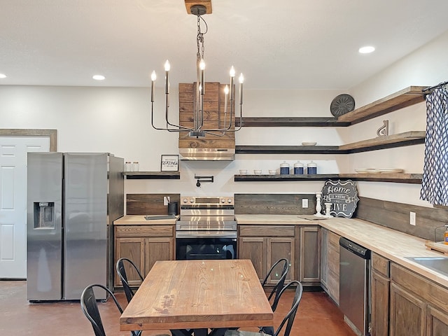 kitchen with pendant lighting, custom exhaust hood, and appliances with stainless steel finishes