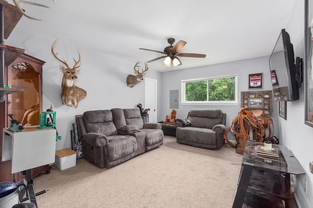 1402 Robinwood, Lufkin, TX 75904 - living room featuring carpet flooring, a ceiling fan, and electric panel
