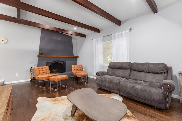 1402 Robinwood, Lufkin, TX 75904 - living area featuring beamed ceiling, wood finished floors, baseboards, a fireplace, and recessed lighting