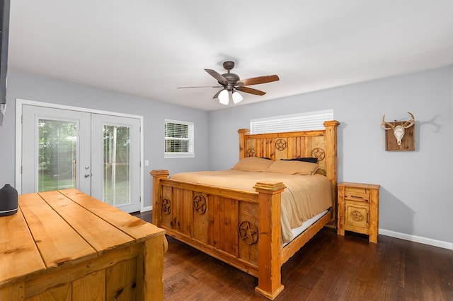 1402 Robinwood, Lufkin, TX 75904 - bedroom featuring french doors, access to outside, dark wood-style flooring, baseboards, and a ceiling fan