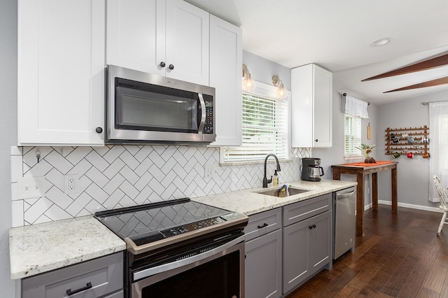 1402 Robinwood, Lufkin, TX 75904 - kitchen with stainless steel appliances, gray cabinetry, a sink, and backsplash