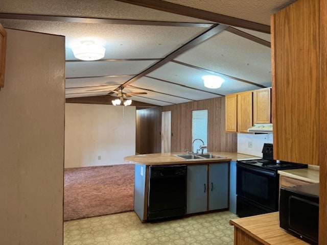 kitchen featuring ceiling fan, sink, ventilation hood, kitchen peninsula, and black appliances