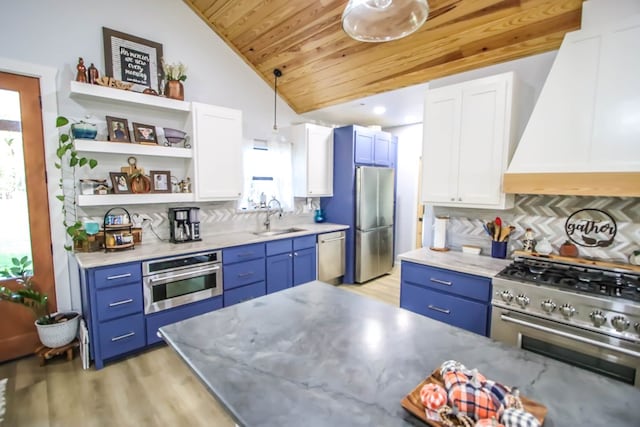 kitchen with appliances with stainless steel finishes, custom range hood, sink, pendant lighting, and white cabinets