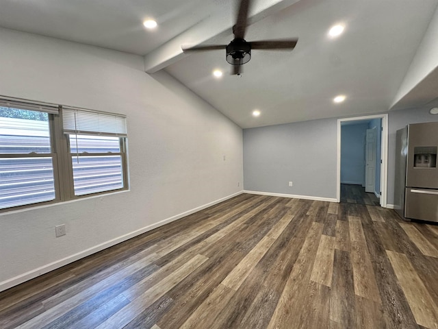 unfurnished room with lofted ceiling with beams, dark hardwood / wood-style floors, and ceiling fan