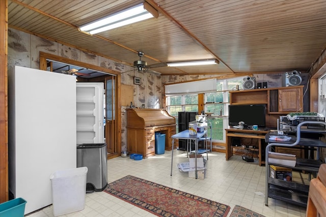 office featuring ceiling fan and wood ceiling