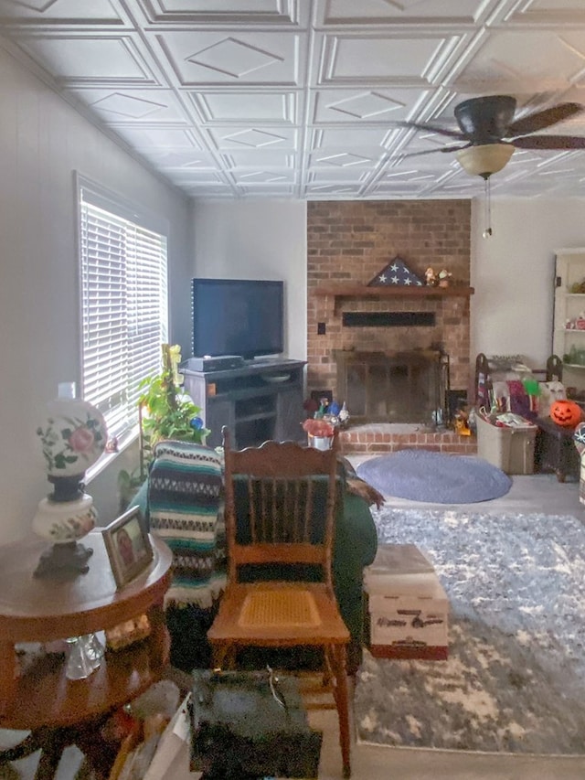 living room featuring a fireplace