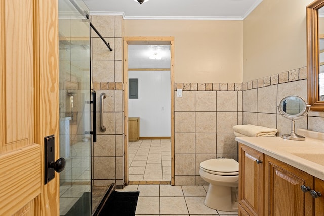 bathroom with tile walls, ornamental molding, vanity, walk in shower, and toilet