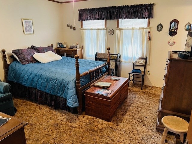 bedroom with ornamental molding and carpet flooring