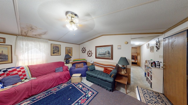 carpeted living room with a textured ceiling, ceiling fan, and vaulted ceiling