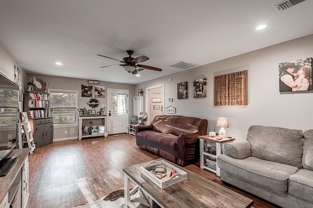 living room with ceiling fan and wood-type flooring