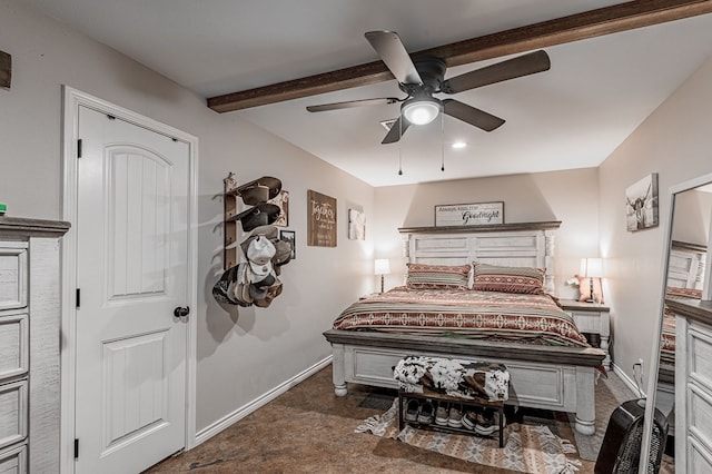 bedroom with beamed ceiling and ceiling fan