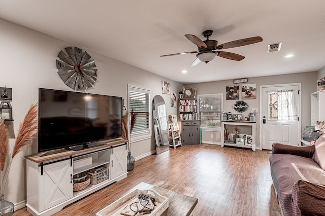 living room with ceiling fan, wood-type flooring, and a wealth of natural light