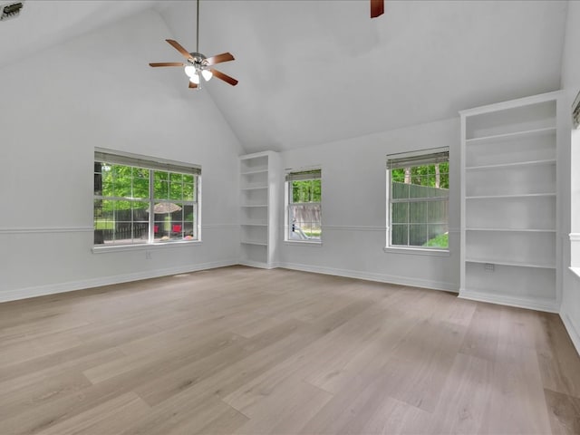 107 Bending Oak Dr, Lufkin, TX 75904 - unfurnished room featuring ceiling fan, high vaulted ceiling, wood finished floors, and built in features