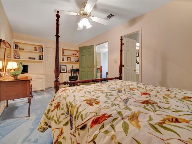 2211 Copeland St, Lufkin, TX 75904 - carpeted bedroom with visible vents, lofted ceiling, and ceiling fan
