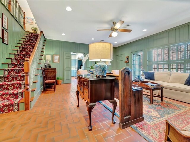 2211 Copeland St, Lufkin, TX 75904 - office with a ceiling fan, visible vents, brick floor, and recessed lighting
