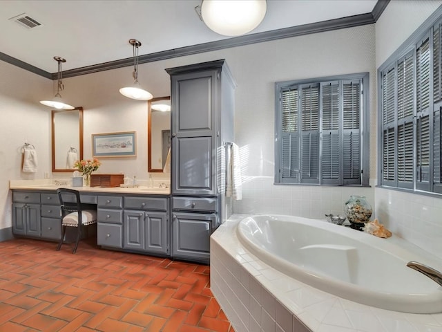 2211 Copeland St, Lufkin, TX 75904 - full bath featuring crown molding, brick floor, a bath, visible vents, and double vanity