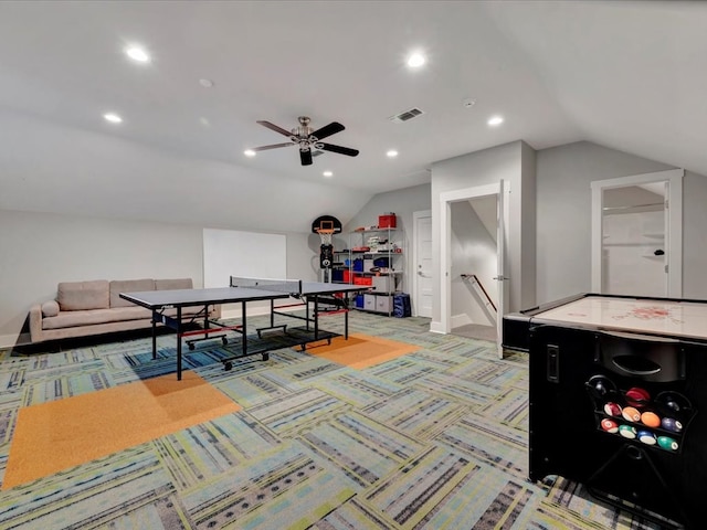 210 Mission Hills Dr, Lufkin, TX 75901 - rec room with vaulted ceiling, a ceiling fan, baseboards, carpet flooring, and visible vents