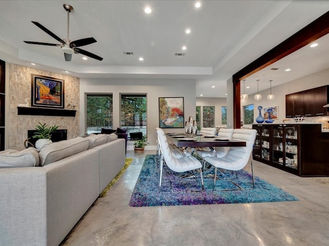 living room featuring a raised ceiling, a healthy amount of sunlight, and a stone fireplace