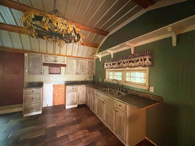 kitchen featuring wood ceiling, dark wood-type flooring, sink, lofted ceiling with beams, and an inviting chandelier