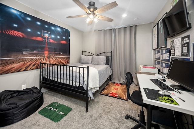 bedroom featuring carpet floors, recessed lighting, and ceiling fan