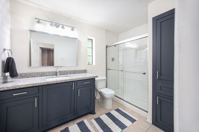 bathroom with vanity, toilet, tile patterned flooring, and a stall shower