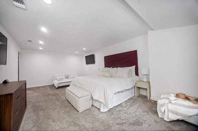 bedroom featuring carpet floors, recessed lighting, baseboards, and visible vents