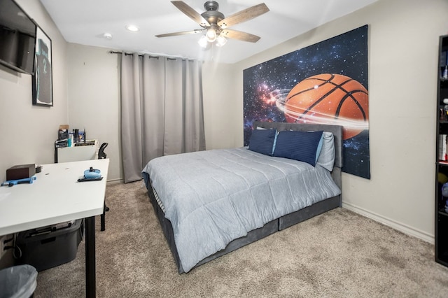 bedroom featuring baseboards, ceiling fan, carpet flooring, and recessed lighting