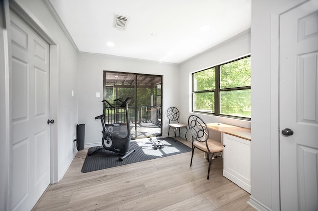 workout room with visible vents, ornamental molding, light wood-style flooring, and baseboards