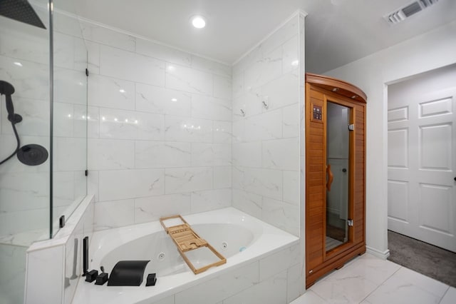 bathroom featuring visible vents, a whirlpool tub, a tile shower, and marble finish floor