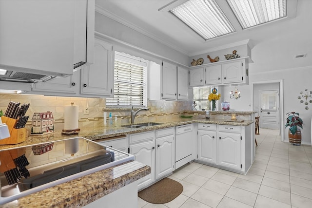 kitchen featuring dishwasher, white cabinets, sink, decorative backsplash, and kitchen peninsula