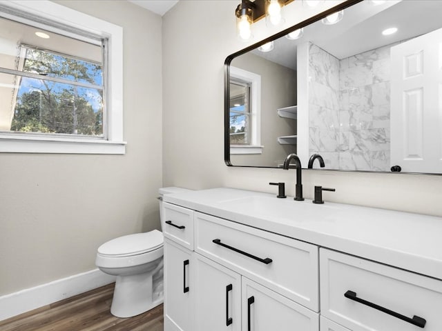 bathroom with vanity, wood-type flooring, and toilet