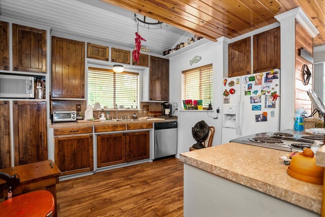 183 Holly Cir, Etoile, TX 75944 - kitchen with stainless steel appliances, a sink, dark wood finished floors, and wood ceiling