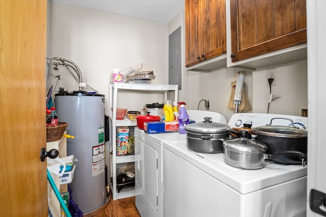 183 Holly Cir, Etoile, TX 75944 - laundry area featuring cabinet space, electric water heater, washer and dryer, wood finished floors, and electric panel
