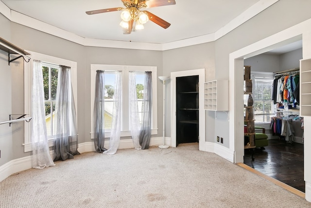 interior space with crown molding, ceiling fan, carpet floors, and a closet