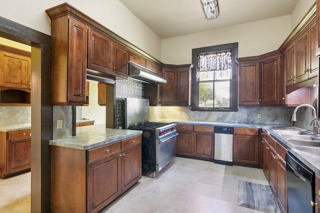 kitchen with high end stainless steel range oven, dishwasher, sink, and backsplash