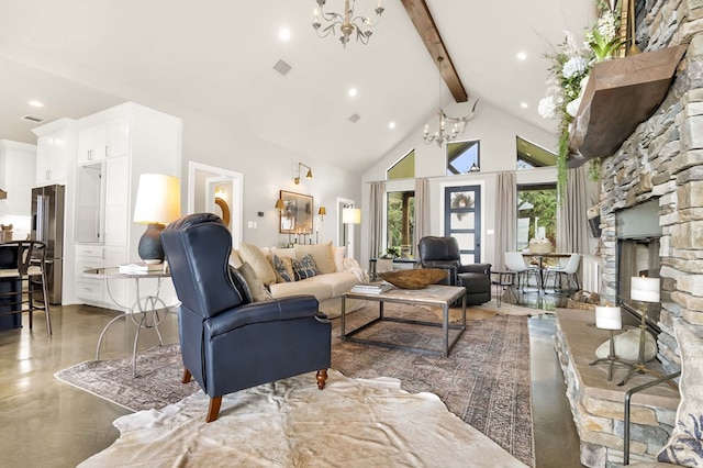 living room featuring high vaulted ceiling, a fireplace, beamed ceiling, concrete flooring, and a chandelier