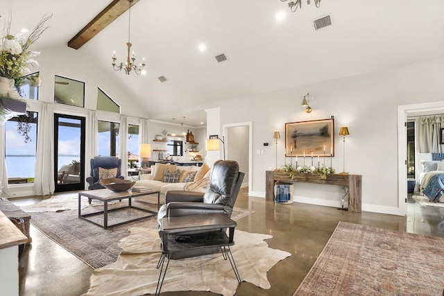 living room with a notable chandelier, beam ceiling, concrete flooring, and high vaulted ceiling