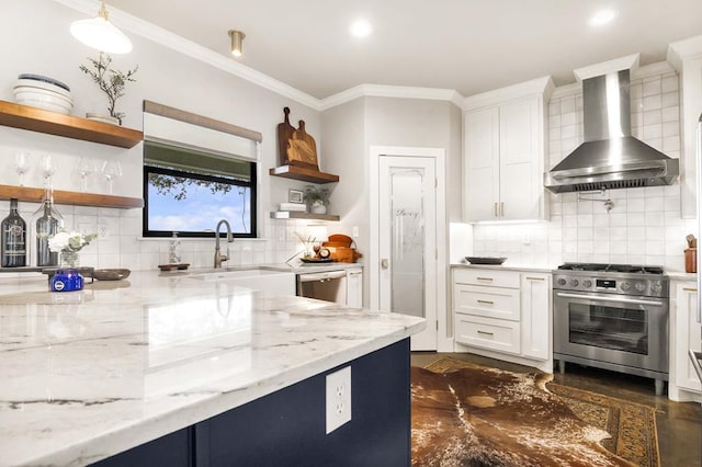 kitchen with decorative backsplash, ornamental molding, wall chimney exhaust hood, stainless steel appliances, and sink