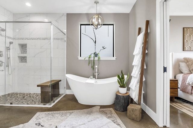 bathroom with a notable chandelier, separate shower and tub, and concrete flooring