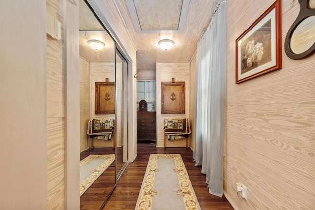 hallway featuring hardwood / wood-style flooring and wood walls